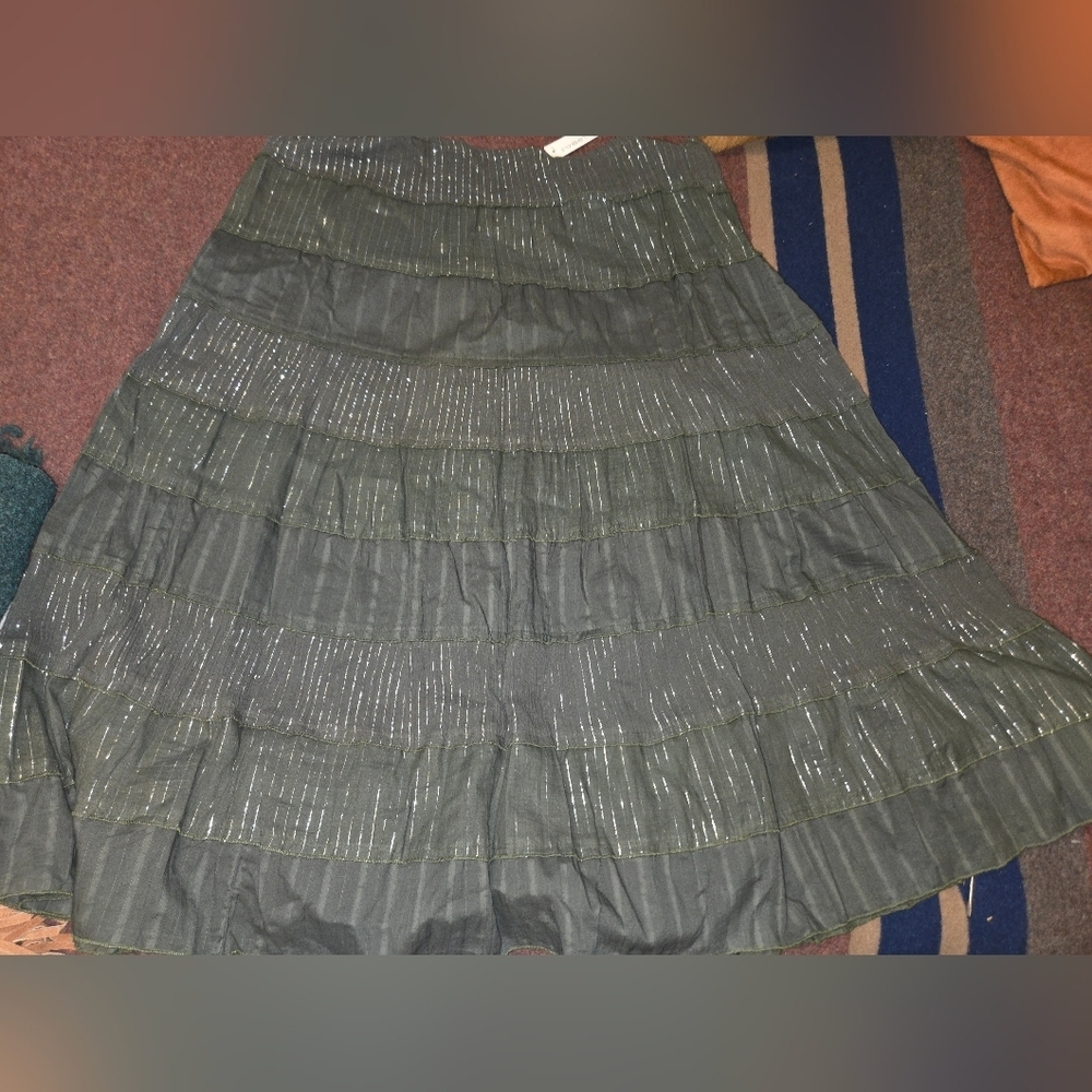 New! Sweet Lily Skirt In Size Large Olive Green With Silver Threads